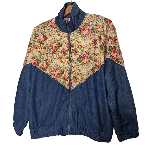 Vintage Womens M Jacket Lightweight Chambray Floral Peony Alice Martin Zip Up - Picture 1 of 16